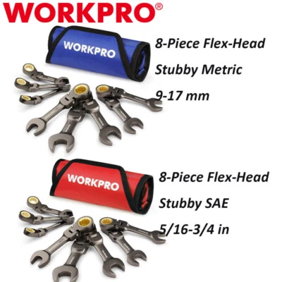 WORKPRO 8PC Flex-Head Stubby Ratcheting Combination Wrench SAE/Metric Wrench NEW - Image 1 of 4