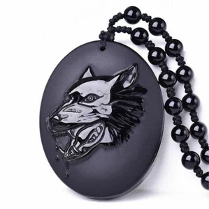 Natural Black obsidian wolf head necklace amulet pendant bead with chain for wen - Picture 1 of 5