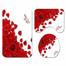 4Pcs Floral Rose Love Bathroom Set Waterproof Shower Curtain Toilet Cover Mat