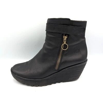 Fly London YAVA Black Biker Wedge Heel Ankle Boots Zip Up Size 8-8.5 (39) Bootie - Image 1 of 4