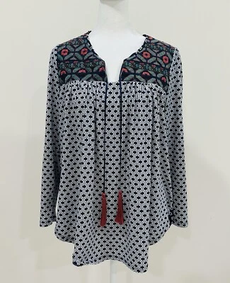 Camisa Ezra Para Mujer Talla M Azul Marino Blanco Campesino Popover Top Boho Hippie Foto 1 de 4