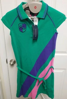 Tommy Hilfiger Pique Polo Dress 85 Embroidered Preppy Green Purple Stripe Sz Med - Image 1 of 4