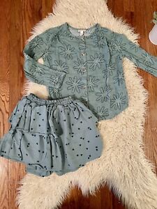 Girl’s Size 10-12 Cat and Jack Denim tier skirt and green shirt lot NWOT
