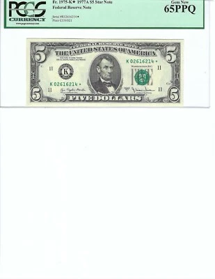 1977 $5 FRN FR1975-K* PCGS 65 PPQ, Dallas * Note S/N K02616214*!!! - Image 1 of 2