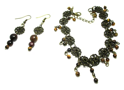 Pulsera de 8 pulgadas con cuentas de ojo de tigre de bronce con ext. Juego de pendientes y pendientes, gota de 2" Foto 1 de 3