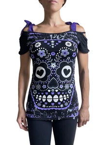 Banned Apparel Women's Flower Purple Sugar Skull Bow Tie Shoulder Straps Top - Picture 1 of 7