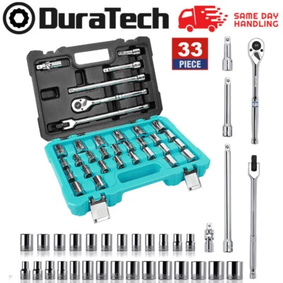 DURATECH 33PCS 1/2'' Socket Set SAE Metric Ratchet Extension Bar 6PT Sockets NEW - Image 1 of 4