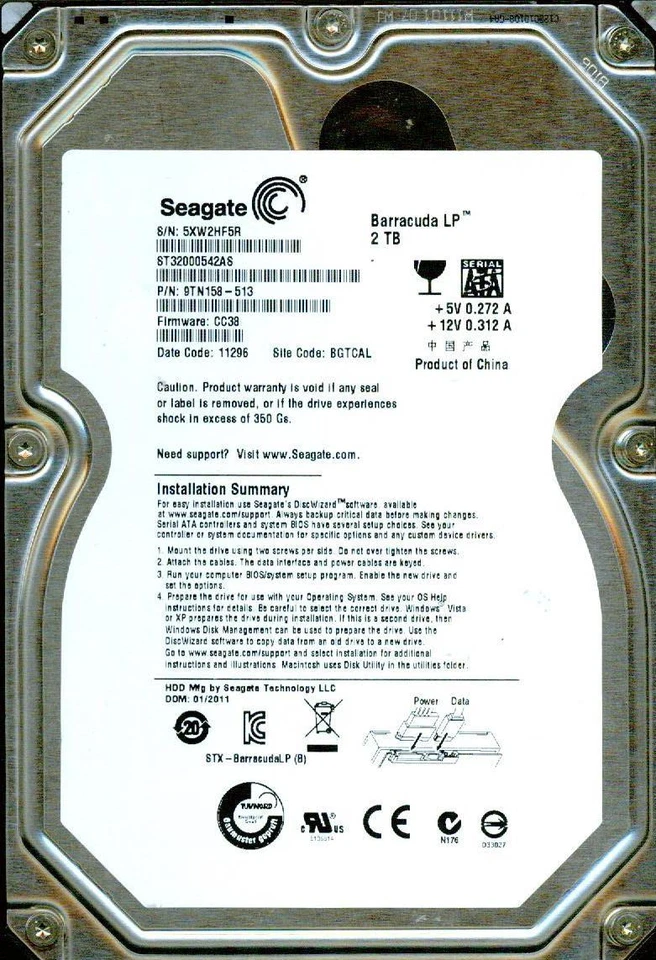 ST32000542AS,  9TN158-513,  CC38,  BGTCAL, 5XW,  SEAGATE SATA 2TB Barracuda LP - Image 1 of 1