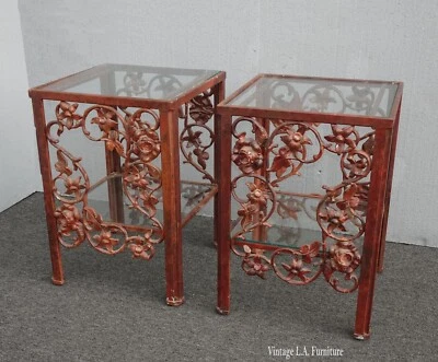 Pair of Ornate Floral Metal Brown End Tables ~ Nightstands French Country - Image 1 of 4