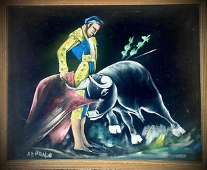 "PINTURA MATADOR/TAURINA Terciopelo Negro FIRMADA por Artista Enmarcada 17x21"" De Colección Años 70 Usada en Excelente Condición" - Imagen 1 de 20