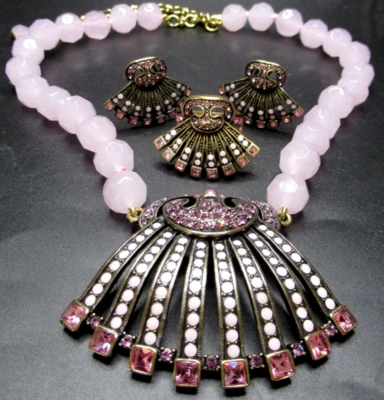 HEIDI DAUS Pink Glass Rhinestone Fan Necklace Ring Earring Set - Image 1 of 4