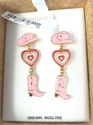Cowgirl Western Earrings Piper K Boot Hat Heart Cowboy Pink Enamel Gold Tone NIB - Image 1 of 4