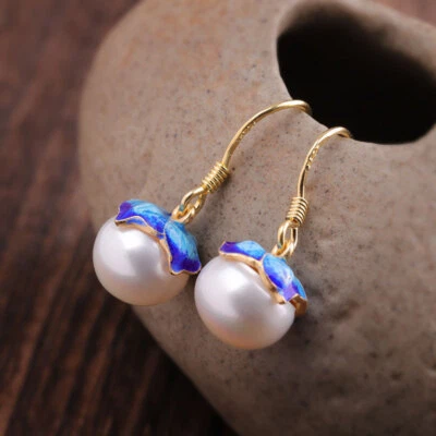 New S925 Silver Ear Decoration Simple Women's Pearl Burnt Blue Flower Earrings - Image 1 of 4