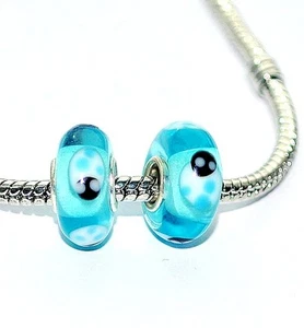 silver plated single core Murano glass sky blue beetles charm bracelet beads - Picture 1 of 2