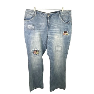 Faded Glory Womens 24W Plus Size Distressed Denim Jeans Upcycled Patches Boho - Image 1 of 4