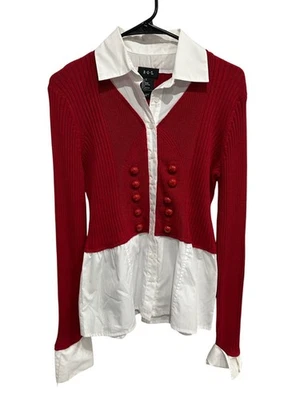 Blusa RQT Roja Tejida Blanca Contraste Abotonada Manga Larga Top Mujer Talla S Única Foto 1 de 4