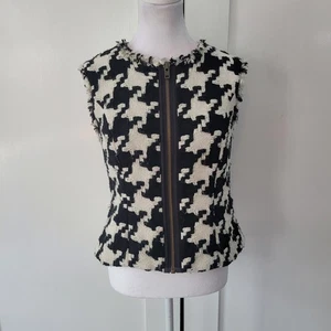 cabi Size S Houndstooth Print Knit Full Zip Fringe Edge Sheath Vest - Picture 1 of 9