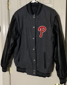 Phillies Baseball Gray Black REV Bomber Wool Faux Leather MED Jacket Snap Up - Picture 1 of 5