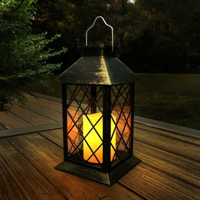 Solar Powered 11 In. Lantern LED Pillar Candle Hanging or Tabletop Lamp Outdoor - Image 1 of 4