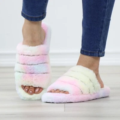 Plush Slippers Sliders Tie Dye Puff Fuzzy Fluffy Slip On Rhinestones Flip Flops - Image 1 of 4