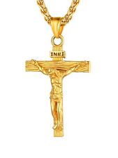 Men 18K Gold Plated Crucifix Cross Pendant 3mm Wide Rope Chain 24 Inch Religi...
