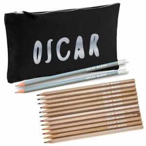 Personalised Black Canvas Pencil Case with 12 Colouring & 2 HB Grey Pencils - Picture 1 of 6