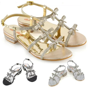 Womens Flat Strappy Sandals Diamante Bow Ladies Party Holiday Sparkly Shoes 3-8 - Picture 1 of 34