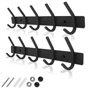 Black Coat Rack Wall Mount Stainless Steel Hooks Heavy Duty 2 Pack Bathroom - Picture 1 of 6