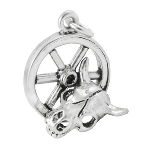 Wagon Wheel and Cow Skull Western Cowboy 3D 925 Solid Sterling Silver Charm - Picture 1 of 8