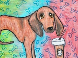 REDBONE COONHOUND Drinking a Latte Dog Art 5 x 7 Signed Giclee Print KSams