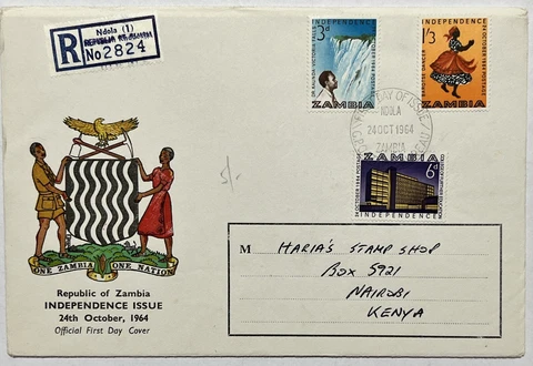 1964 ZAMBIA FDC COVER INDEPENDENCE ISSUE REGISTERED TO NAIROBI KENYA Cover