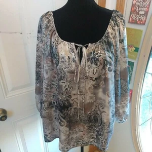 Metro 7 Women’s 26/28 Long Peasant Sleeve Paisley Print Blouse Boat Neck - Picture 1 of 6