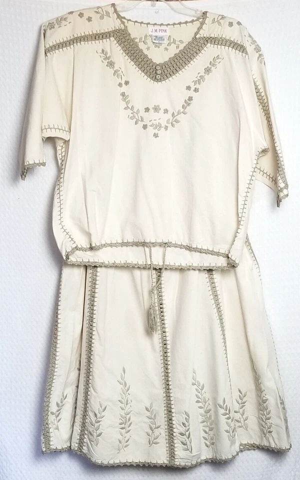 Vintage J.M. Conjunto de Vestido Floral Rosa Para Mujer Beige Bordado a Mano Crochet Talla L Foto 1 de 4