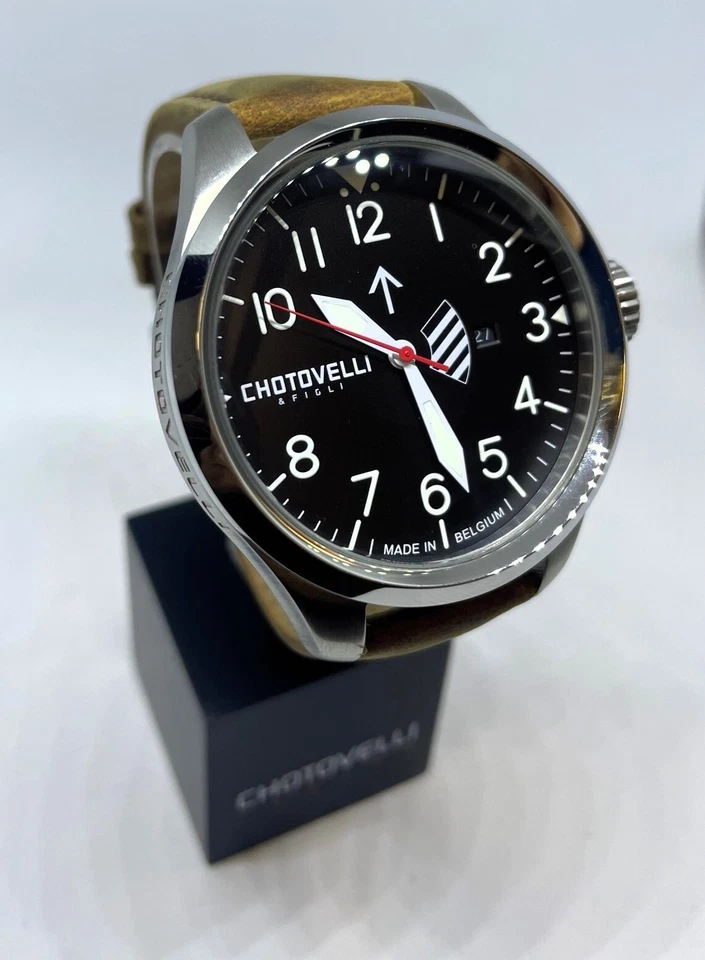 Chotovelli Big Pilot Watch Black Dial Italian leather strap Men's Watch - 5300.2 - Image 1 of 4