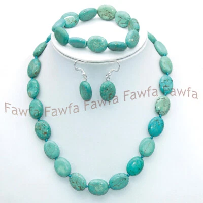 Natural 13x18mm Green Turquoise Oval Gems Beads Necklace Bracelet Earrings Set - Image 1 of 4