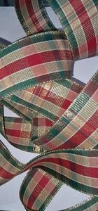 CHRISTMAS TARTAN GOLD GREEN RED RIBBON WIRE EDGE CRAFT GIFT WRAPPING 2.5 INCH - Picture 1 of 7