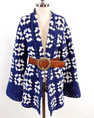 Womens Crochet Handmade Cardigan Knit Long Navy Blue Cardigan Sweater Coats - Imagem 1 de 4