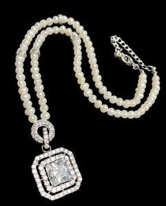 COLLAR DE PERLAS COLGANTE FIJO "CORTE COJÍN CZ" PLATA ESTERLINA ESPO NUEVO SIN ETIQUETAS- - Imagen 1 de 8