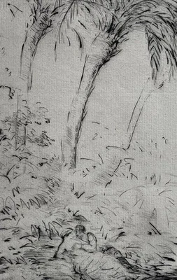 Hans Meid Original Radierung von 1913 - Idylle - Liebespaar unter Palmen - Bild 1 von 3
