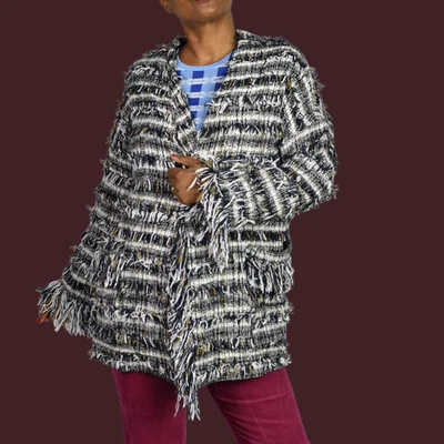 Zara Basic Fringe Tweed Coat Jacket Small Black White Metallic Thread Open Front - Image 1 of 4