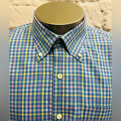 Peter Millar Easy Care 100% Cotton Multicolor Plaid Shirt Pastel Blue Pink Green - Image 1 of 4
