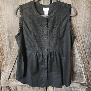 Liz Claiborne Blouse Womens L Lace Bib Button Front Sleeveless Linen Cotton New - Imagen 1 de 8