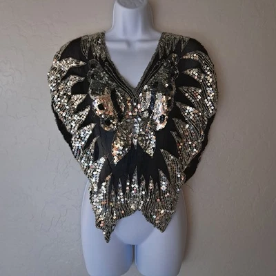 Vintage 1970s Exclusive Butterfly Sequin Silk Shawl Poncho Women's - Image 1 of 4