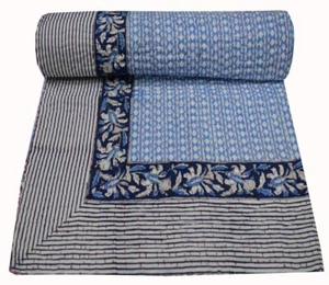 Trapuntino Kantha indiano fatto a mano a pois reversibile copriletto matrimoniale cotone - Foto 1 di 5