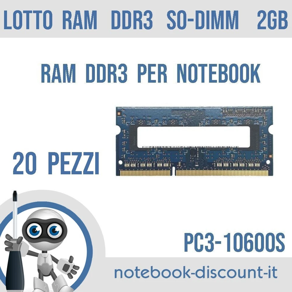 LOTTO  20 BANCHI  RAM DDR3 SO-DIMM  2gb  PC3 10600s per Notebook Portatile - Immagine 1 di 3