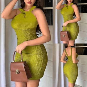 Women Sexy Halter Neck Bodycon Mini Dress Ladies Ruched Clubwear Party Dresses - Picture 1 of 15