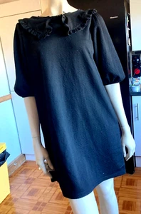 VGC Ladies ZARA Textured RAVEN BLACK Soft PETER PAN COLLAR Frill Tunic Dress L - Picture 1 of 8
