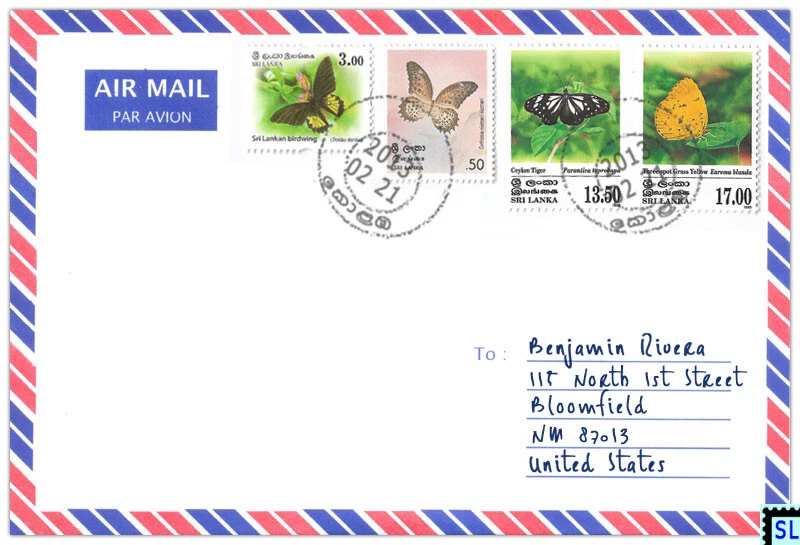 Sri Lanka Stamps, Butterflies, Personalized Cover - Image 1 of 1