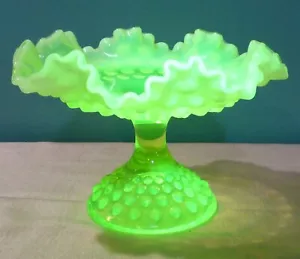 Vintage Fenton Hobnail Ruffled Vaseline Topaz Compote Dish - Glows - Picture 1 of 8