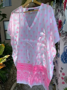 Womens Lightweight Short Caftan Dress Pink Printed Beach Cover Up Resort Wear 